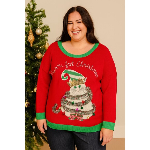 33 Degrees Sz XXL 2X Purrfect Christmas Ugly Novelty Sweater Tinsel Wacky Cat - Picture 1 of 7